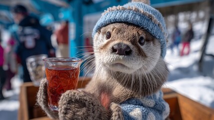 Cute otter enjoys warm drink at snowy winter festival in a mountain setting during a sunny day