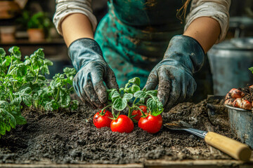 Gardener is planting bright red tomatoes into dark soil with care, surrounded by green plants on a sunny afternoon in a home garden