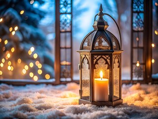 Lit lantern in snow with bokeh lights outside window