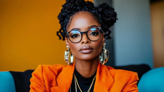 Captivating woman with intricate updo hair and chic eyewear, exuding confidence in striking orange blazer against warm and cool color palette