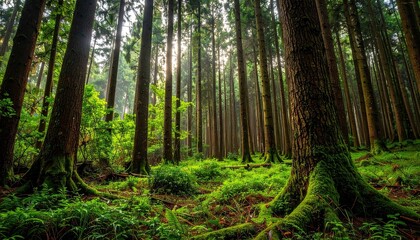 Obraz premium Lush Green Forest with Sunlight Streaming Through Tall Trees Tranquil Nature Scene