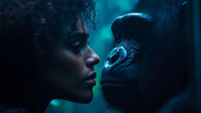 An intimate, silent exchange between human and great ape, illuminated by deep blue light in profound, reflective encounter