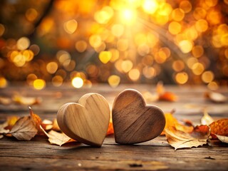 Two wooden hearts on a rustic table with autumn leaves