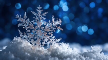 Intricate macro of crystalline snowflake on soft snow against blurred backdrop of festive blue winter bokeh lights