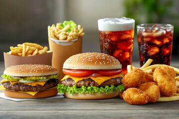 Juicy burgers with lettuce, tomato, and cheese, paired with crispy fries and refreshing drinks, served in a casual setting