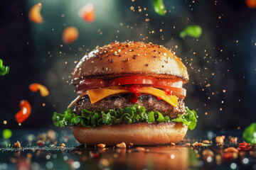 Thick grilled burger with melted cheese, crisp lettuce, fresh tomatoes, and sauces served against a dark background