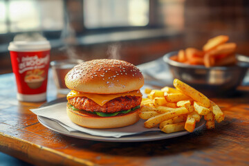 A delicious crispy chicken burger with cheese sits on a plate next to golden fries and a warm drink, all set on a wooden table