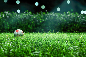 A soccer ball rests on the green grass at night, illuminated by bright lights in a park, creating a peaceful atmosphere