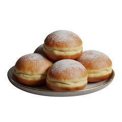 Golden Sugar-Dusted Doughnut Stack | Fluffy Cream-Filled Pastries on Ceramic Plate | Minimalist Food Photography of Powdered Donuts