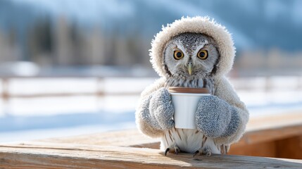 Owl wearing a cozy hood and mittens holds a cup in a snowy landscape surrounded by trees