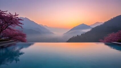 Obraz premium Serene mountain lake with cherry blossoms at sunrise