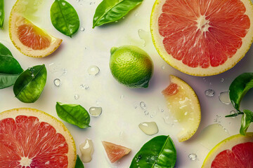 Brightly colored grapefruit and lime slices are surrounded by vibrant green leaves on a light surface, creating a refreshing composition