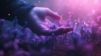 Hand gently reaching out to vibrant purple flowers in a dreamy, ethereal landscape, showcasing the beauty of nature and the connection between humanity and flora