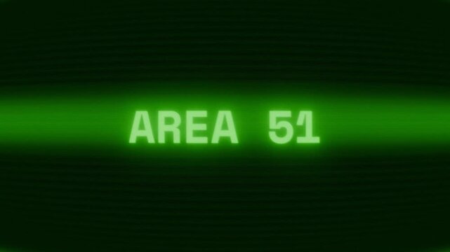 Old green CRT screen showing text AREA 51 appearing in random glitch and coding style