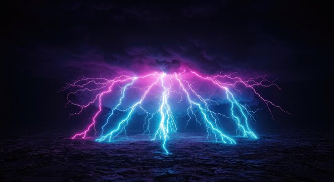 A dramatic display of vibrant pink and blue lightning striking the ground in a dark, atmospheric setting. - Powered by Adobe