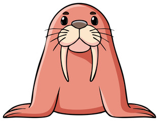 Obraz premium Cute cartoon walrus character with big tusks sitting and smiling