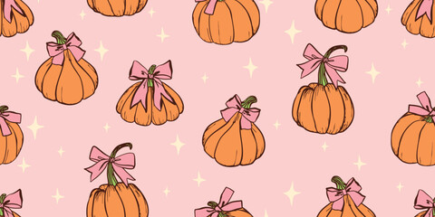 Cute seamless pattern with pumpkins and bows in hand drawn style for autumn decor, wrapping paper, textile and holiday design