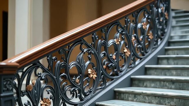 Ornate black iron staircase railing with floral accents and a wooden handrail design