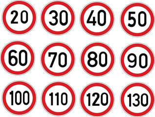 Traffic sign speed limit from 20 to 130 kilometers per hour
