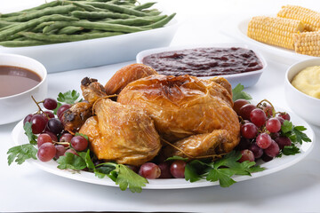 Thanksgiving dinner with turkey,mashed potatoes,ears of corn and green bean casserole on white background