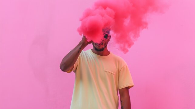 Man holding pink smoke bomb in front of vibrant pink wall, showcasing colorful expression and creativity in urban setting with artistic flair and bold visual impact - Powered by Adobe