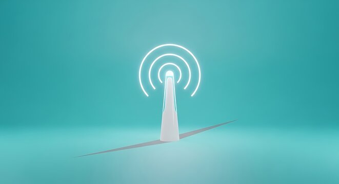 A minimalistic rendering of a white antenna tower with glowing signal waves on a teal colored background
