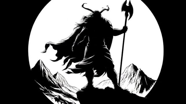 Viking warrior silhouette standing on a mountain top with moon backdrop