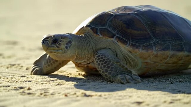 A  view showcases a turtle on the sand, emphasizing its textured shell and focused gaze, while also highlighting the natural environment and the beautiful details of the creature.