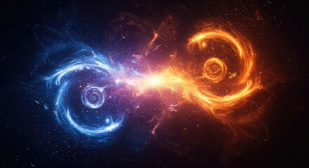 Cosmic collision of two swirling nebulae, one blue and one orange, meeting in a brilliant burst of light.