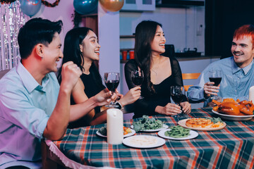 Diversity, dinner and group of people toast celebration together at party. Friends, happy and celebrate with food, wine and friendship for love, support and cheers champagne at business function