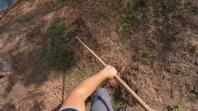 First person view of a young man raking fall pine needles in a yard. First person view of raking. Fall season yard raking. Autumn yard cleaning