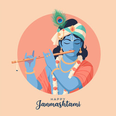 Fototapeta premium Happy Janmashtami Lord Krishna Flute Player Hindu Festival Vector Illustration