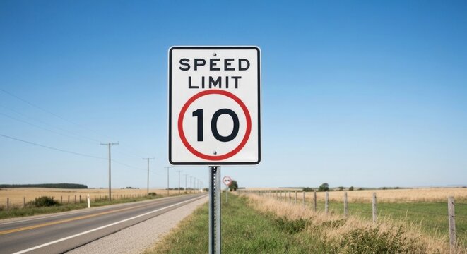 Rural highway speed limit 10 mph sign with fields, blue sky backdrop