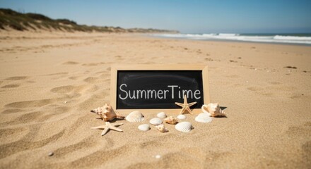 Seaside scene with "Summertime" chalkboard on sand with shells and starfish