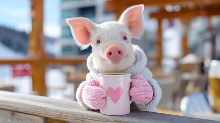 Cute piglet enjoys a warm drink during a snowy day at a cozy outdoor cafe in winter