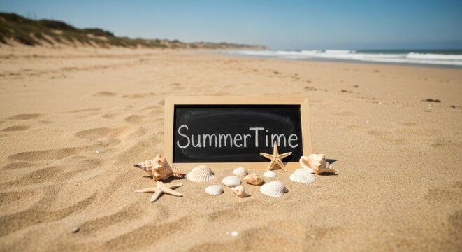 Seaside scene with "Summertime" chalkboard on sand with shells and starfish
