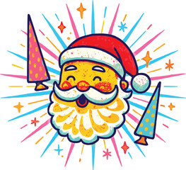 Cheerful Santa Claus vector illustration, vibrant festive design with stars, sparkles, Christmas trees, joyful expression and colorful holiday celebration elements