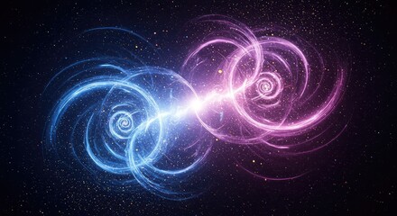 Abstract visualization of two swirling cosmic energies, blue and pink, colliding in the vastness of space.