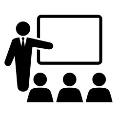 Logo conferencia. Icono hombre con pizarra con público