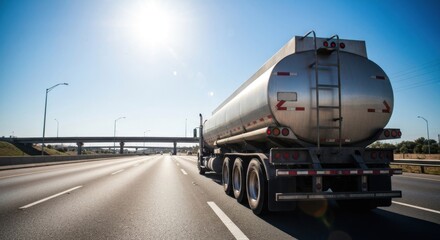 Fototapeta premium Silver tanker truck driving on highway under blue sky, bright sun