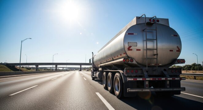 Silver tanker truck driving on highway under blue sky, bright sun