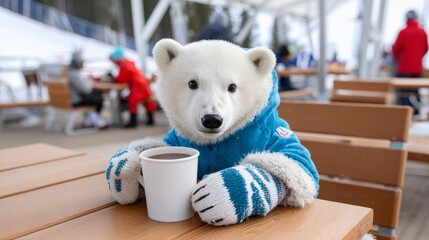 Polar bear cub enjoys warm drink while sitting at a ski resort during winter