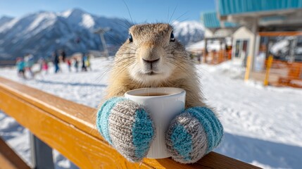 Cute squirrel enjoying a warm drink in winter mountains during a sunny day with snow activities in the background