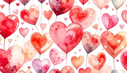 Floating watercolor hearts in pink and red tones