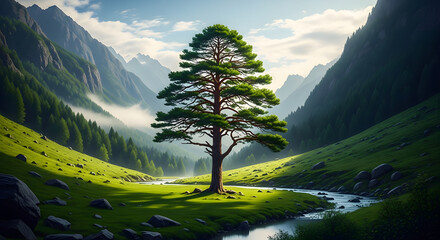 majestic tree in lush mountain valley with river