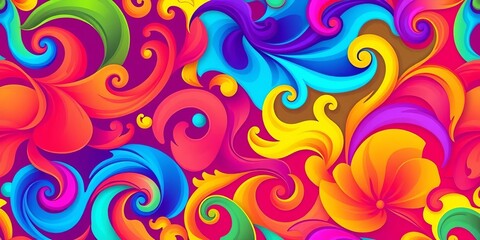 Abstract swirling floral shapes in vibrant hues, forming a seamless vector pattern, colorful, swirl