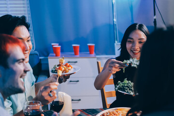 Diversity, dinner and group of people toast celebration together at party. Friends, happy and celebrate with food, wine and friendship for love, support and cheers champagne at business function