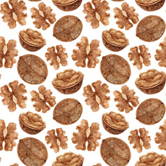 Watercolor seamless pattern of walnuts on a white background. Hand-drawn illustration of nuts.