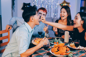 Diversity, dinner and group of people toast celebration together at party. Friends, happy and celebrate with food, wine and friendship for love, support and cheers champagne at business function