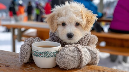 Cute puppy enjoying a warm drink while seated at a snowy outdoor cafe